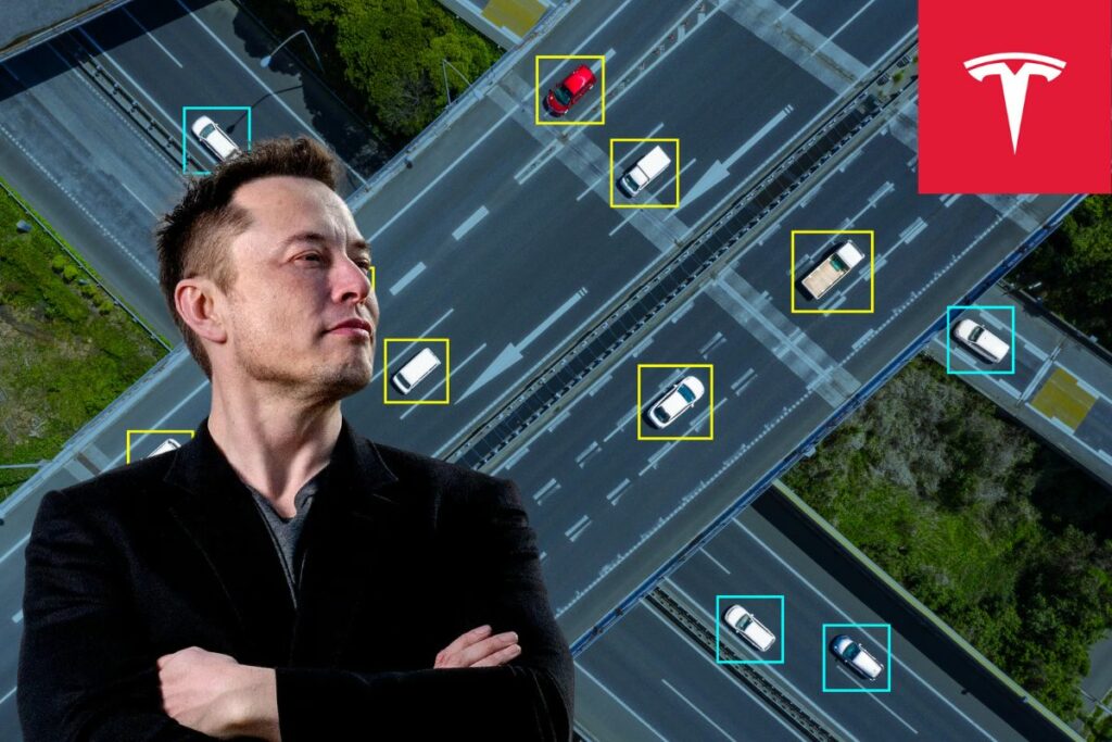 Elon Musk devant une autoroute avec des voitures détectées par l'IA de Tesla.