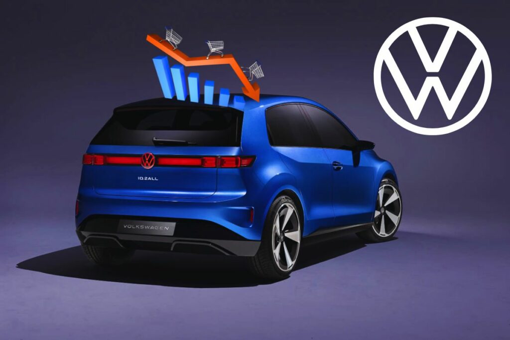 Une voiture électrique Volkswagen bleue avec un graphique en déclin.