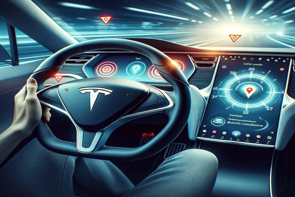 Conduite d'une Tesla avec des écrans de contrôle futuristes.