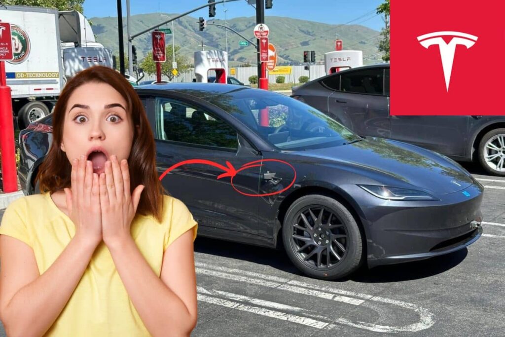 Femme choquée devant une Tesla Model 3 sans rétroviseurs